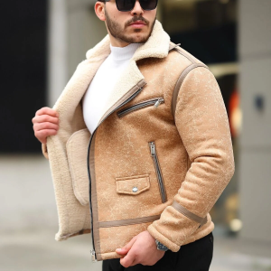 LORD life Erkek Napa Deri İçi Full Kürklü Yüksek Kalite Slim Fit bej Mont Ceket